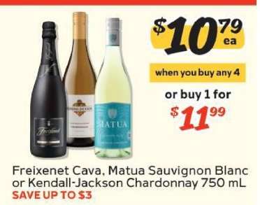 Freixenet Cava, Matua Sauvignon Blanc or Kendall-Jackson Chardonnay 750 mL