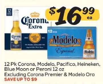 12 Pk Corona, Modelo, Pacifico, Heineken, Blue Moon or Peroni 12 oz