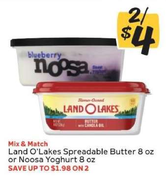Land O'Lakes Spreadable Butter 8 oz or Noosa Yoghurt 8 oz