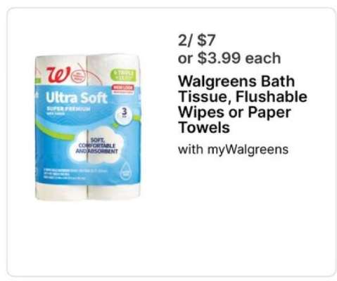 Walgreens Bath Tissue, Flushable Wipes or Paper Towels