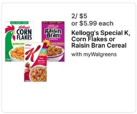 Kellogg's Special K, Corn Flakes or Raisin Bran Cereal