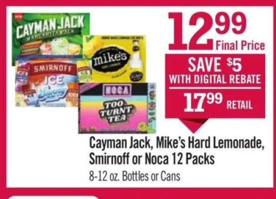 Cayman Jack, Mike’s Hard Lemonade, Smirnoff or Noca 12 Packs