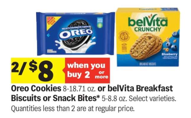 Oreo Cookies or belVita Breakfast Biscuits or Snack Bites