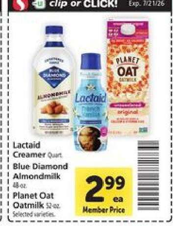 Lactaid Creamer, Blue Diamond Almondmilk, Planet Oat Oatmilk