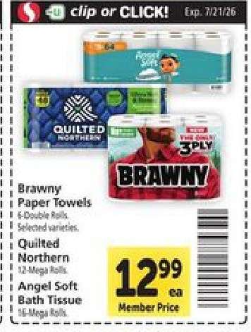 Brawny Paper Towels, Quilted Northern, Angel Soft Bath Tissue