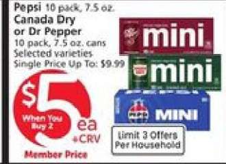 Pepsi, Canada Dry, or Dr Pepper 10 pack, 7.5 oz.