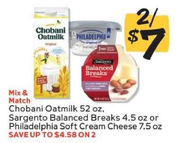 Chobani Oatmilk, Sargento Balanced Breaks, Philadelphia Soft Cream Cheese