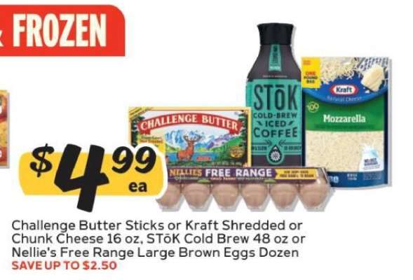 Challenge Butter Sticks or Kraft Shredded or Chunk Cheese 16 oz, STōK Cold Brew 48 oz or Nellie's Free Range Large Brown Eggs Dozen