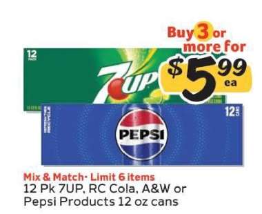 12 Pk 7UP, RC Cola, A&W or Pepsi Products