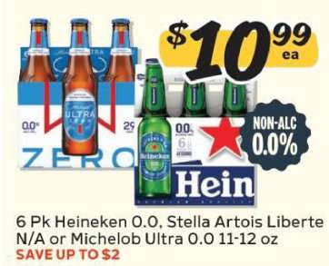 6 Pk Heineken 0.0, Stella Artois Liberte N/A or Michelob Ultra 0.0