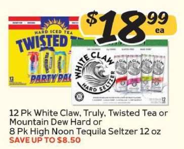 White Claw, Truly, Twisted Tea, Mountain Dew Hard, High Noon Tequila Seltzer