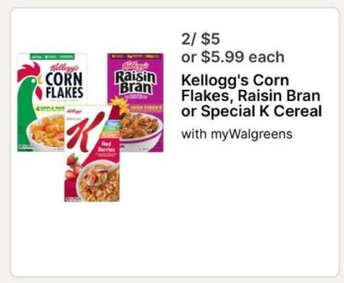 Kellogg's Corn Flakes, Raisin Bran or Special K Cereal