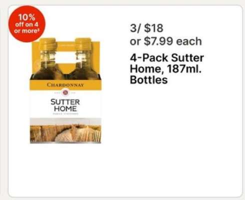 4-Pack Sutter Home, 187ml. Bottles