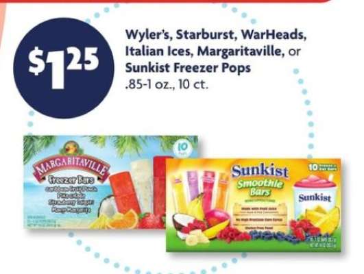 Wyler’s, Starburst, WarHeads, Italian Ices, Margaritaville, or Sunkist Freezer Pops