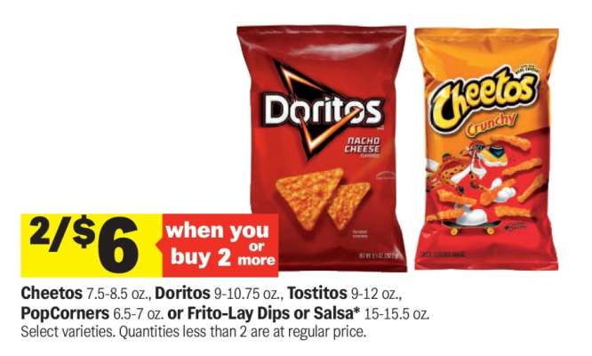 Cheetos, Doritos, Tostitos, PopCorners, Frito-Lay Dips or Salsa