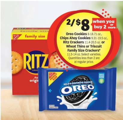 Oreo Cookies, Chips Ahoy Cookies, Ritz Crackers, Wheat Thins or Triscuit Family Size Crackers