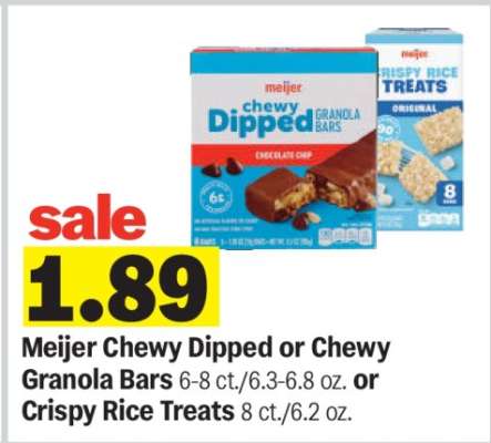 Meijer Chewy Dipped or Chewy Granola Bars or Crispy Rice Treats