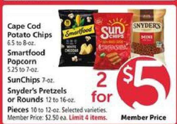 Cape Cod Potato Chips, Smartfood Popcorn, SunChips, Snyder's Pretzels or Rounds