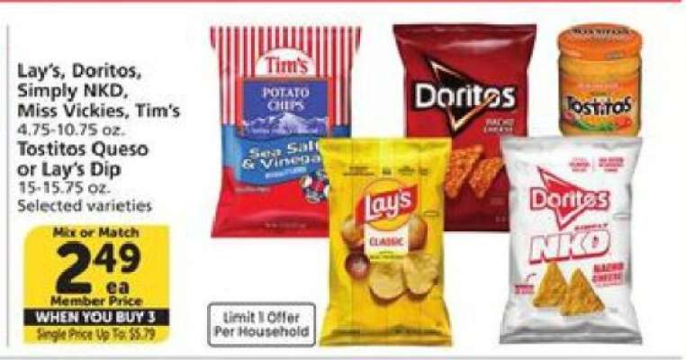 Lay's, Doritos, Simply NKD, Miss Vickies, Tim's, Tostitos Queso or Lay's Dip
