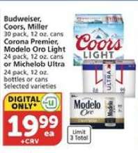 Budweiser, Coors, Miller, Corona Premier, Modelo Oro Light, Michelob Ultra