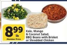 Kale, Mango & Coconut Salad, BBQ Beans with Brisket or Shredded Chicken