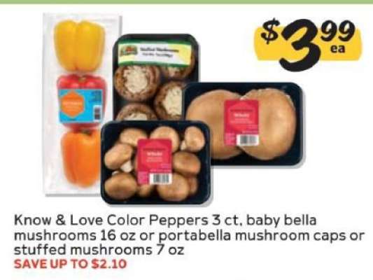 Know & Love Color Peppers 3 ct, baby bella mushrooms 16 oz or portabella mushroom caps or stuffed mushrooms 7 oz