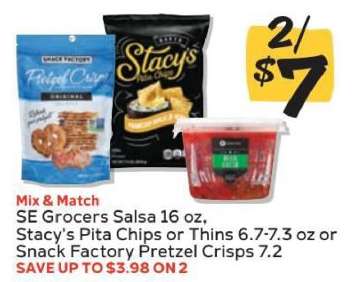 SE Grocers Salsa, Stacy's Pita Chips or Thins, Snack Factory Pretzel Crisps