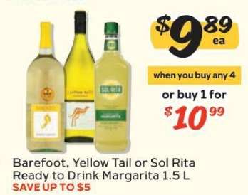 Barefoot, Yellow Tail or Sol Rita Ready to Drink Margarita 1.5 L