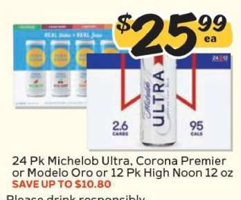 24 Pk Michelob Ultra, Corona Premier or Modelo Oro or 12 Pk High Noon 12 oz