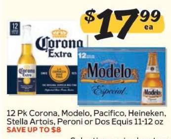 12 Pk Corona, Modelo, Pacifico, Heineken, Stella Artois, Peroni or Dos Equis