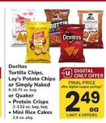 Doritos, Lay's Potato Chips, Quaker Protein Crisps, Mini Rice Cakes