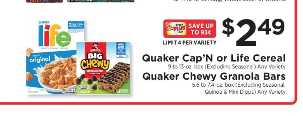 Quaker Cap'N or Life Cereal / Quaker Chewy Granola Bars