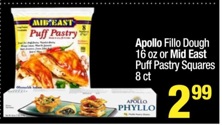 Apollo Fillo Dough 16 oz or Mid East Puff Pastry Squares 8 ct