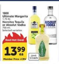 1800 Ultimate Margarita, Hornitos Tequila, or Absolut Vodka