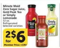 Minute Maid Zero Sugar Juice, Gold Peak Tea or Simply Lemonade