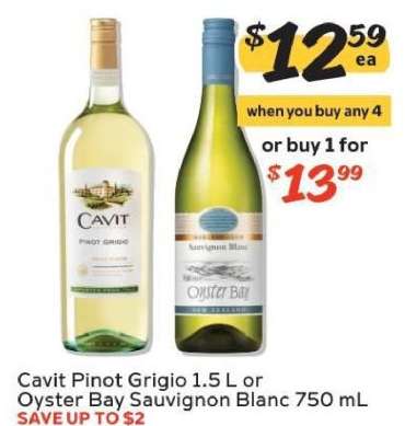 Cavit Pinot Grigio 1.5 L or Oyster Bay Sauvignon Blanc 750 mL