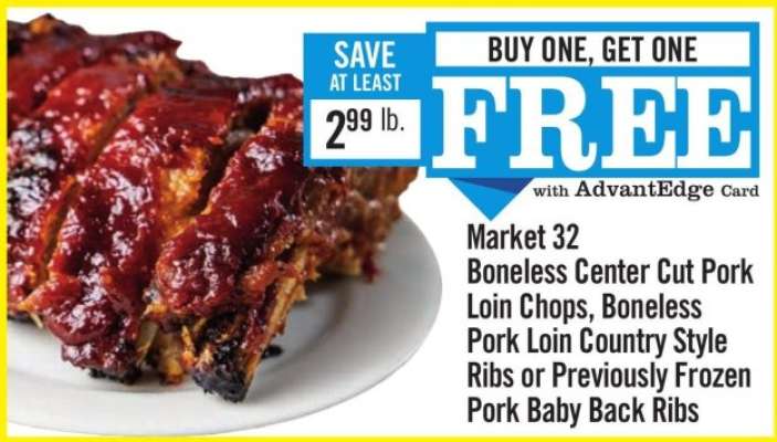 Market 32 Boneless Center Cut Pork Loin Chops, Boneless Pork Loin Country Style Ribs or Previously Frozen Pork Baby Back Ribs