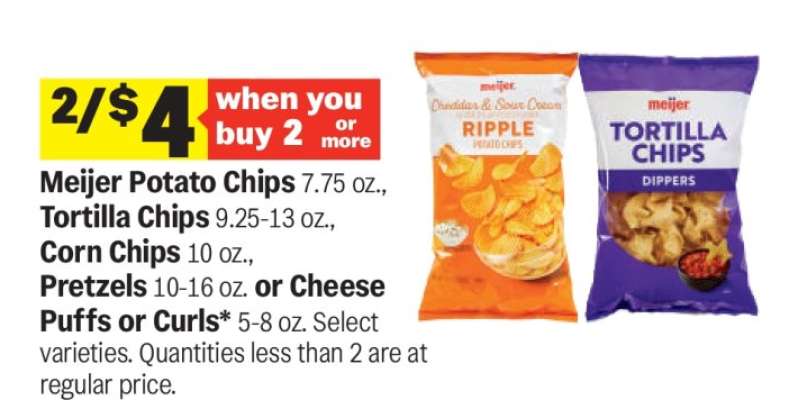 Meijer Potato Chips, Tortilla Chips, Corn Chips, Pretzels, Cheese Puffs or Curls