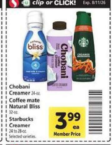 Chobani Creamer, Coffee mate Natural Bliss, Starbucks Creamer