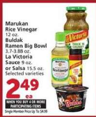 Marukan Rice Vinegar, Buldak Ramen Big Bowl, La Victoria Sauce or Salsa