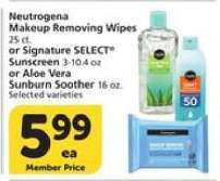 Neutrogena Makeup Removing Wipes or Signature SELECT Sunscreen or Aloe Vera Sunburn Soother