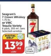Seagram's 7 Crown Whiskey or VMC Tequila Variety