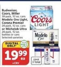 Budweiser, Coors, Miller, Modelo Oro Light, Corona Premier, Michelob Ultra