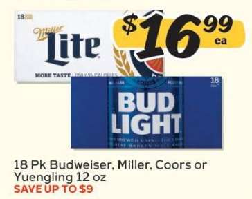18 Pk Budweiser, Miller, Coors or Yuengling 12 oz