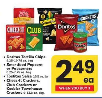Doritos Tortilla Chips, Smartfood Popcorn or Popcorners, Tostitos Salsa, Cheez-It Crackers, Club Crackers or Keebler Townhouse Crackers