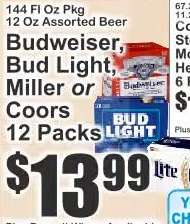 Budweiser, Bud Light, Miller or Coors 12 Packs