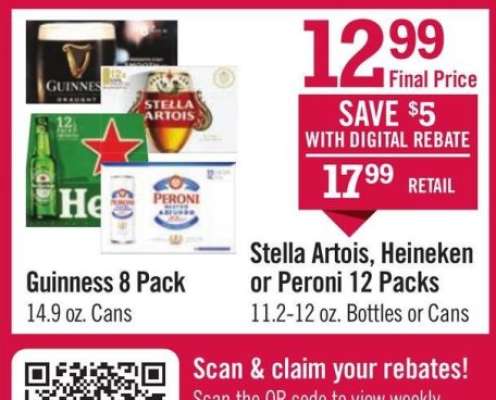 Stella Artois, Heineken or Peroni 12 Packs