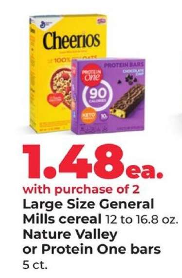 Large Size General Mills cereal or Nature Valley or Protein One bars