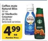 Coffee-Mate Natural Bliss or Starbucks Creamer