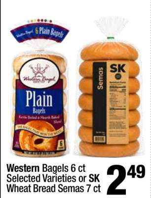 Western Bagels 6 ct Selected Varieties or SK Wheat Bread Semas 7 ct